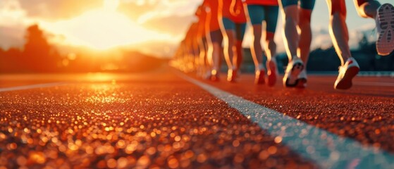 Special Olympics relay race at sunset, athletes exchanging baton on an orange track