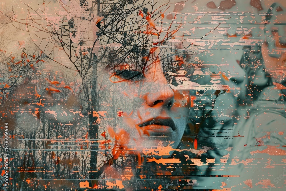 Poster a collage featuring a womans face overlaid with images of trees in the background, corrupted images 