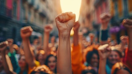 Crowd of people holding up their fists in the air