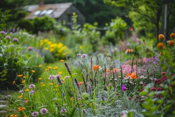 Obraz premium Lush garden filled with an array of colorful flowers in bloom, creating a vibrant and lively scene, Cottage garden overflowing with whimsical flowers and herbs