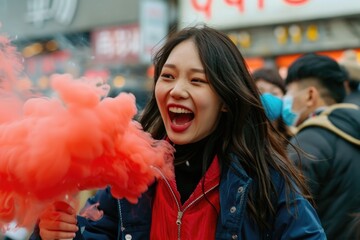 A young woman laughs with joy as a red smoke bomb explodes behind her in a bustling city street