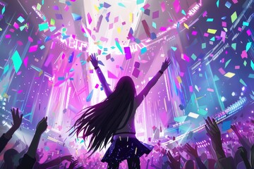 A woman with long dark hair throws her arms in the air as colorful confetti falls around her. The crowd cheers and raises their hands in celebration