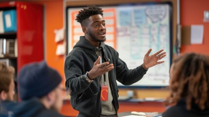 Young male teacher leading classroom discussion in high school