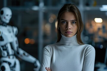 A woman stands confidently in a technological environment, a robotic figure out of focus behind her, suggesting a future where humanity and artificial intelligence coexist