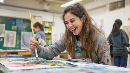 Young woman painting in art class with a paintbrush