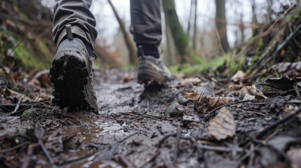 Hiker wearing hiking boots walking on muddy trail