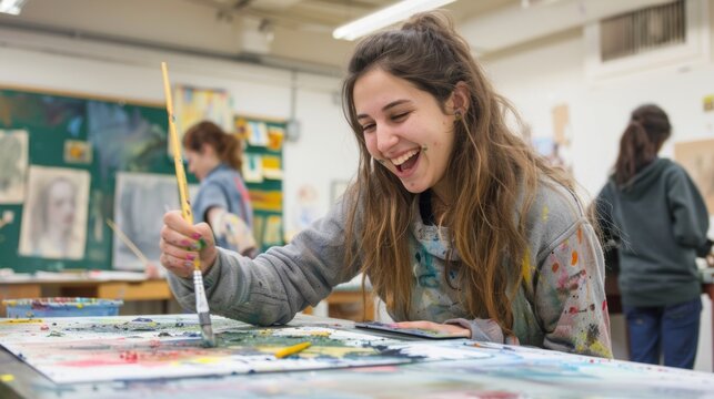Young woman painting in art class with a paintbrush