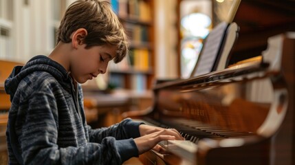 Young boy playing piano in a home setting during the day