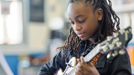 Young girl playing electric guitar in classroom