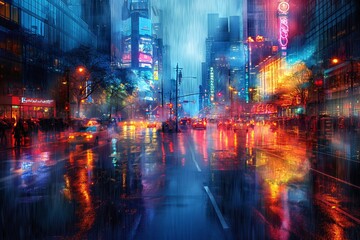A vibrant image of a neon-lit cityscape during rain at night. The bustling traffic and colorful reflections on the wet streets create a lively urban scene reminiscent of modern nightlife.