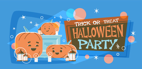 Retro Halloween Party landing page with cute pumpkins. Poster vector illustration