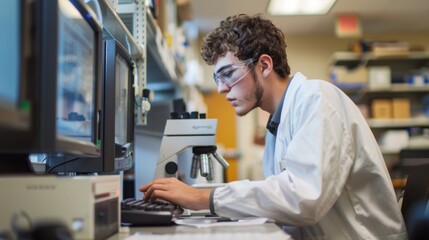 Young male scientist working at computer in laboratory
