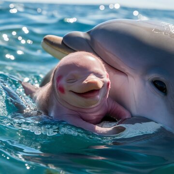 Newborn dolphin next to its mother