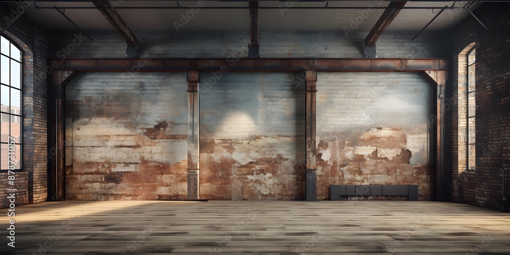 Wall mural Industrial loft style empty old warehouse interior, concrete floor and black steel roof structure, brick wall