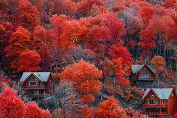 A hillside covered in vibrant red trees, creating a striking visual of natures autumn beauty, Cozy cabins nestled among a forest of fiery red trees