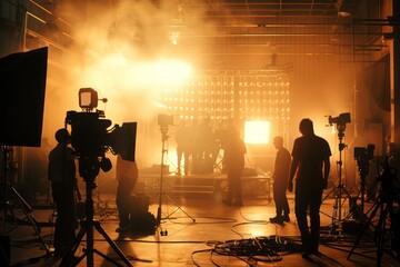 Professional Studio Production: Behind the Scenes of Commercial Film Making with Lighting, Equipment, and Crew Silhouettes