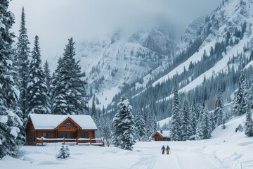 Two people strolling down snowy road surrounded by winter landscape, Cozy cabins nestled in the snowy wilderness, with skiers passing by