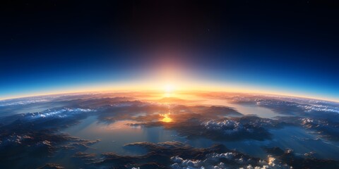 Obraz premium Panoramic view on planet Earth globe from space, Glowing city lights, Wide panoramic background for banner