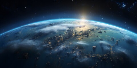 Fototapeta premium Panoramic view on planet Earth globe from space, Glowing city lights, Wide panoramic background for banner