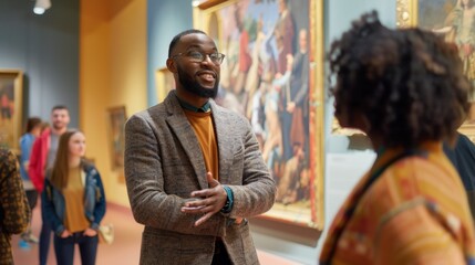 A man discussing art in a museum gallery with a friend