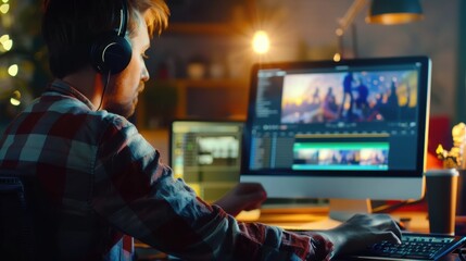 Man editing video footage on computer in home office at night