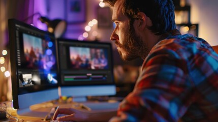 Fototapeta premium Man editing video footage on computer in home office at night