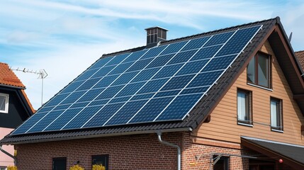 Fototapeta premium Newly build houses with black solar panels attached to the roof