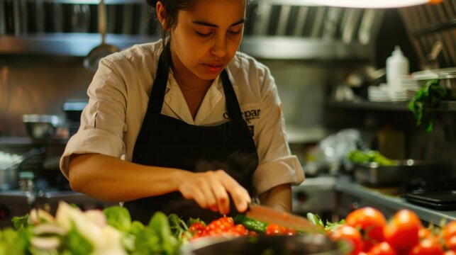 Young Chef Diligently Preparing Salad in Busy Kitchen