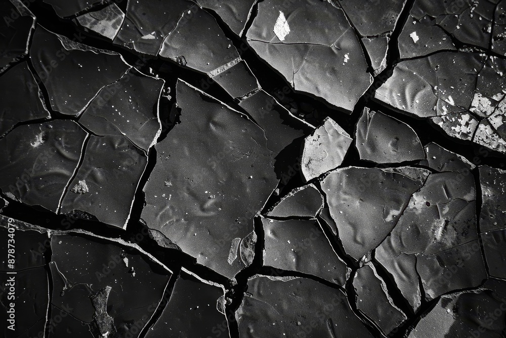 Poster monochromatic image of a highly cracked surface with intricate patterns and textures, cracked and br
