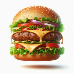 A delicious yummy burger with tomato, cheese, meat, onion on white background