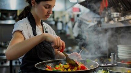 Young female chef carefully stirs a pan of colorful vegetables in a busy restaurant kitchen