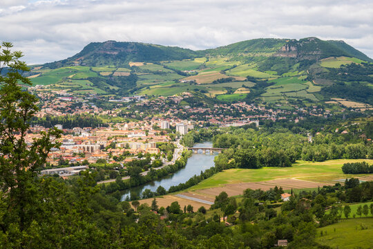 View over Millau town with Causse du Larzac limestone plateau, listed as UNESCO World Heritage Site