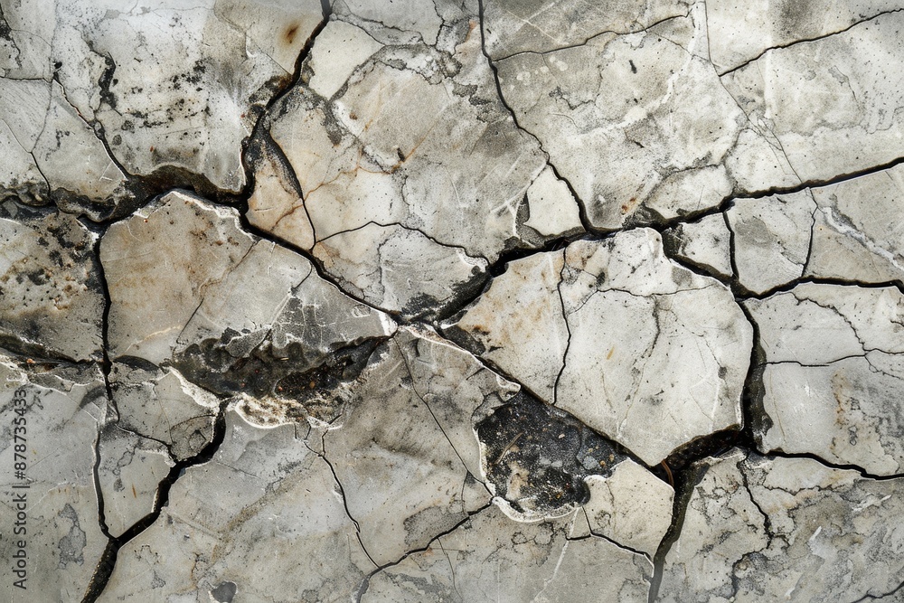 Poster detailed view of a cracked and weathered surface showcasing various cracks and textures, cracked and