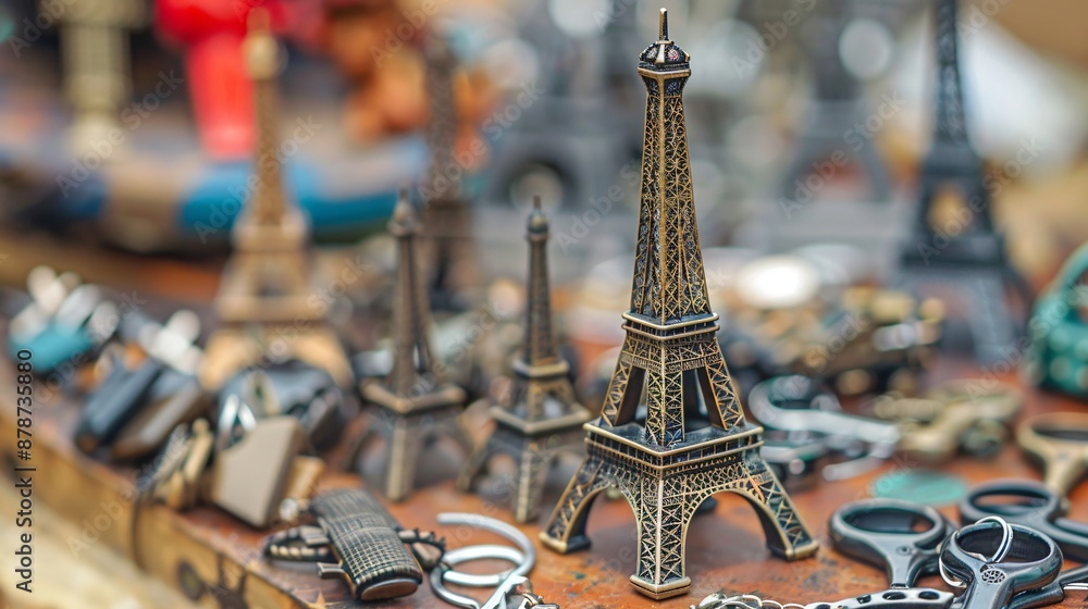 Wall mural Close up of miniature Eiffel Towers, keychains, and magnets creating a souvenir