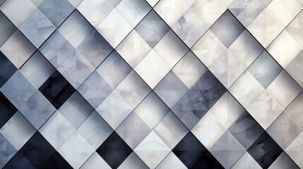 An abstract background with a tessellation of geometric patterns in a monochromatic scheme, incorporating diamond shapes in white, grey, and black to create a bold, harmonious design.