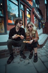 Young couple sitting on sidewalk eating pizza