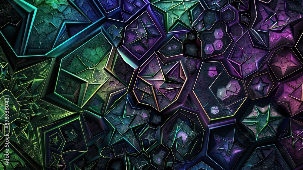 Poster an abstract background with intricate geometric patterns in deep jewel tones, displaying a combinati