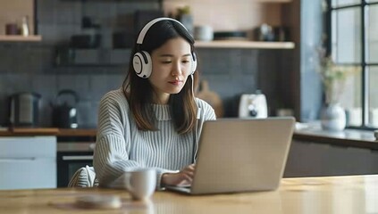 Young woman using laptop computer at home. Student girl working in her room. Work or study from home, freelance, business, creative occupation, distance education, e-learning, lifestyle concept