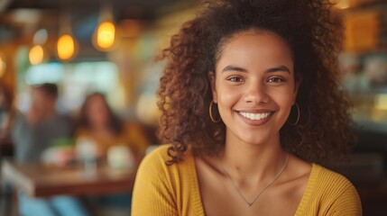 Obraz premium Cheerful woman in a yellow shirt smiling in a cozy restaurant with a soft, glowing background.