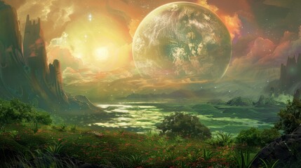 Obraz premium A futuristic landscape with a large planet in the sky during the day