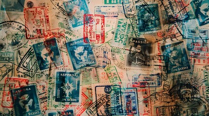 Naklejka premium Various passport stamps and visas forming a global travel pattern