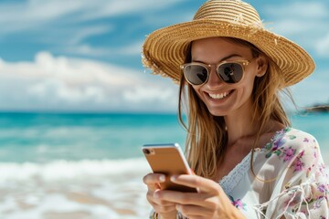 Fototapeta premium Woman enjoying sunny beach day with smartphone and straw hat
