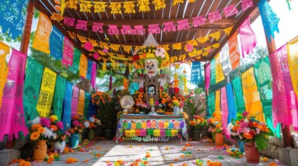 Fototapeta premium Colorful decorations adorn altar during day of the dead celebration