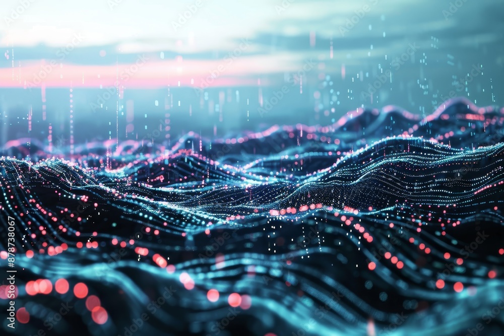 Poster a dynamic wave in the ocean, created using computer-generated technology, craft a futuristic landsca