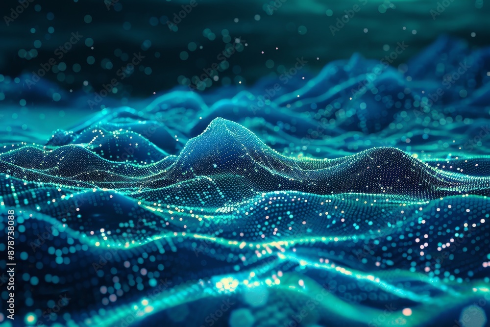 Poster computer-generated mountains and waves create a dynamic landscape, craft a futuristic landscape made