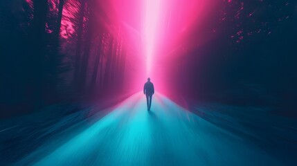 Fototapeta premium A lone figure walks down a foggy road illuminated by a vibrant pink and blue light