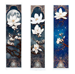 A set of three vintage bookmarks in the art Nuovo style with magnolias on a moonlit night, scrapbooking material, hobbies.