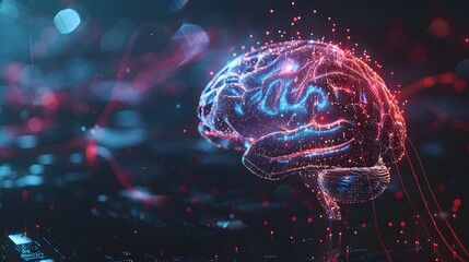 Fototapeta premium A stylized digital rendering of a human brain, composed of glowing particles