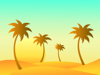 Landscape with palm trees in the desert. Sunrise over sand dunes. Gradient desert landscape with sandy dunes and palm trees. Design for covers, banners and posters. Vector illustration
