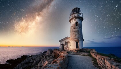 Naklejka premium Cosmic Tranquility: Starry Sky and Milky Way Over an Isolated Lighthouse by the Sea. Generative AI